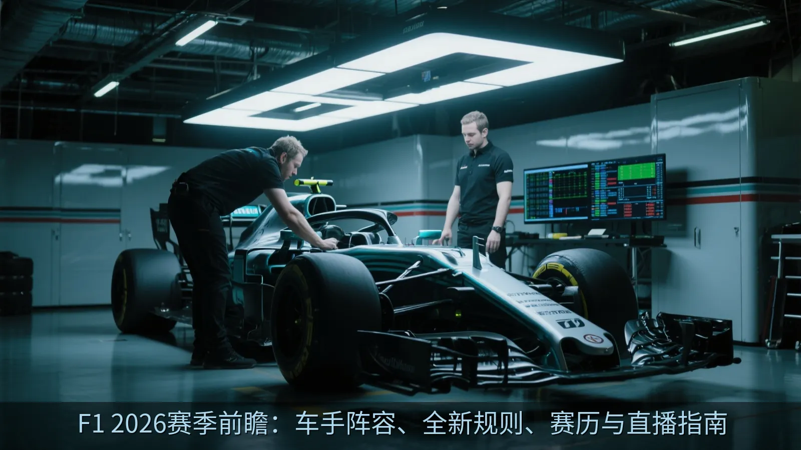 赛车工程师在车库内检查新一代单座赛车